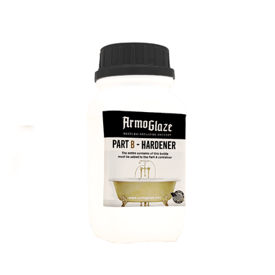 A jar of Armoglaze hardener on a white background