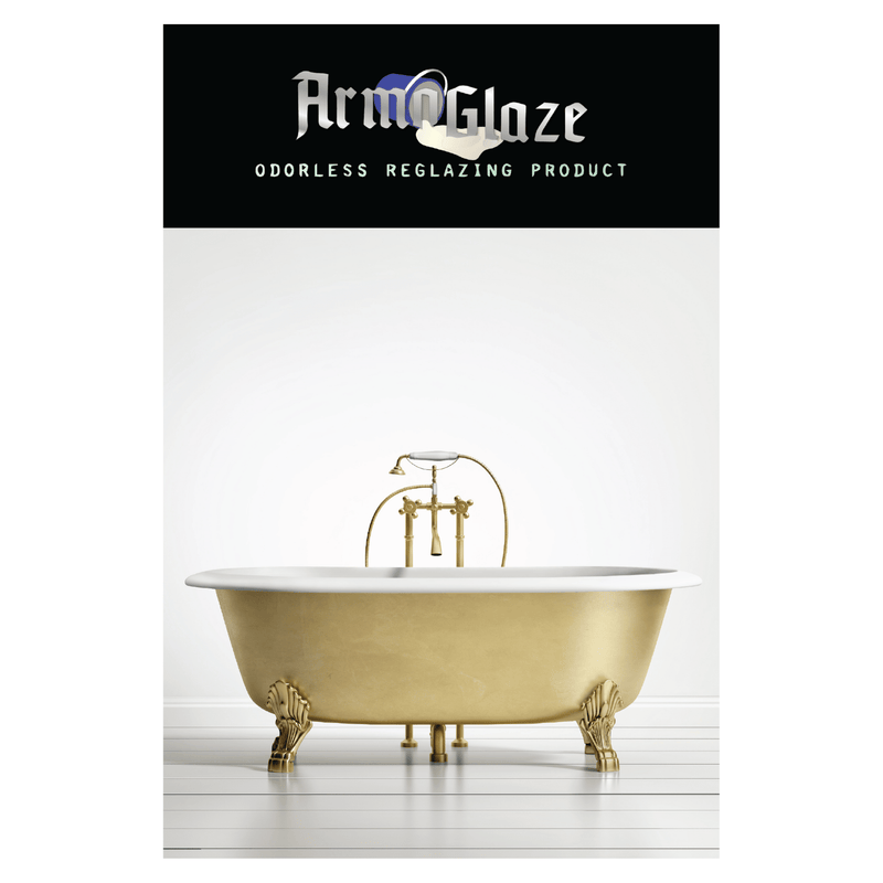 Advertisement for ArmoGlaze odorless reglazing product with a gold bathtub on a white background.