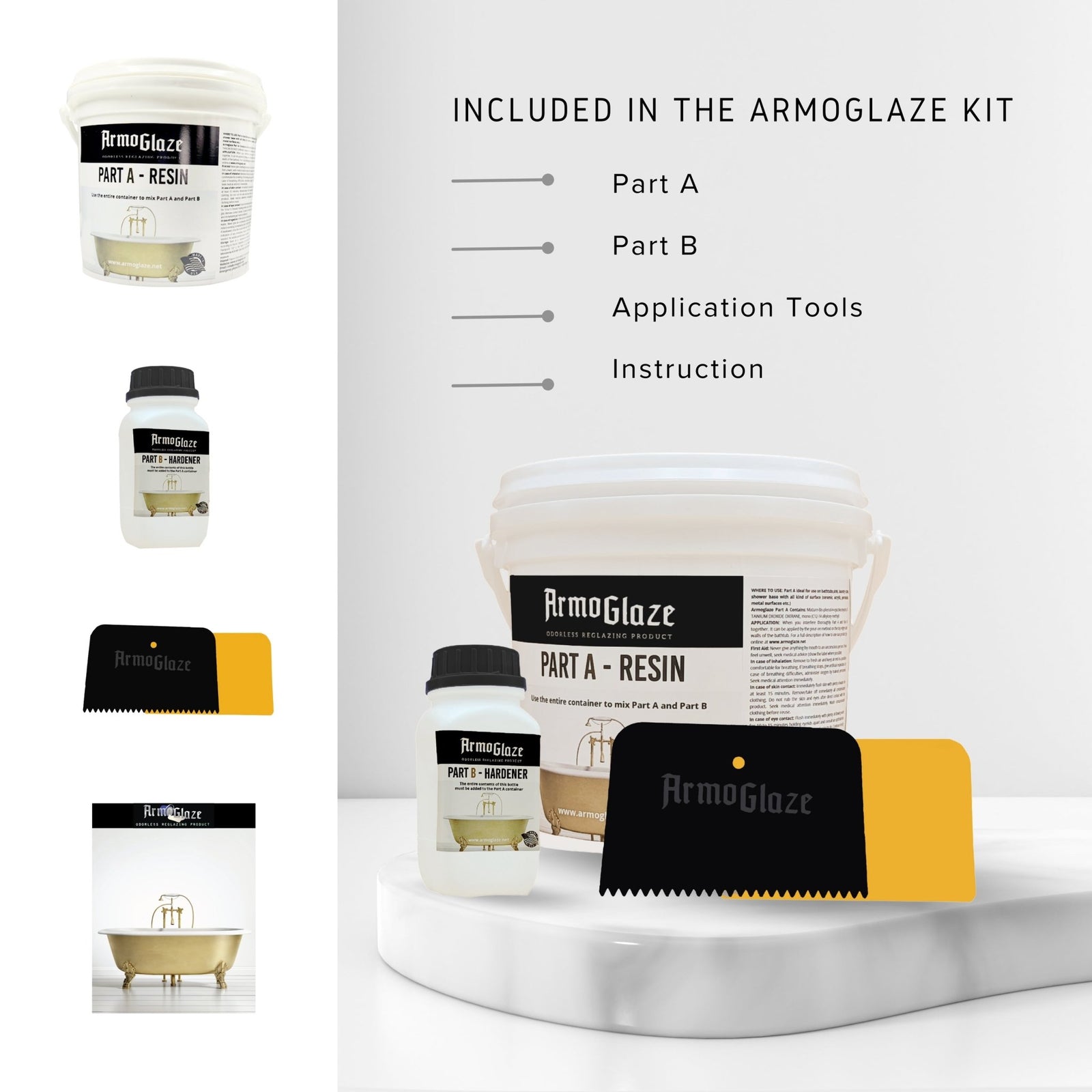 Armoglaze odorless DIY refinishing kit sized for large 6x3 foot shower bases.
