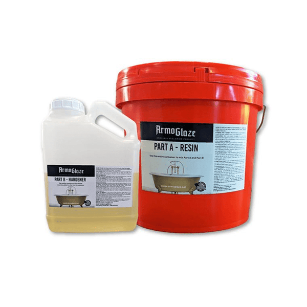 Two containers of Armoglaze Pro refinish kit, one red pail labeled as Part A - Resin and one white jug labeled as Part B - Hardener.
