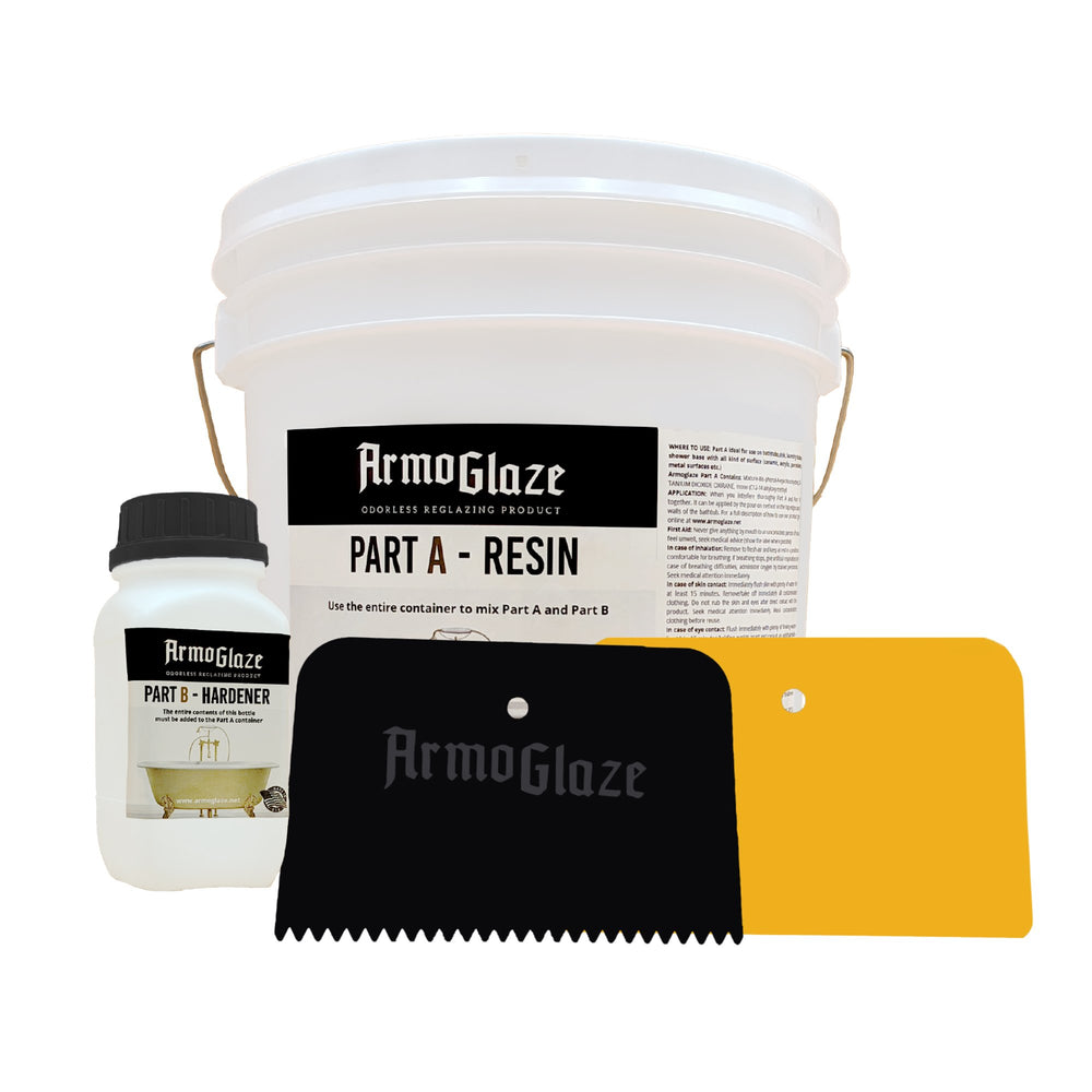 ArmoGlaze resin kit with a bucket, bottles, squeegee, and color swatch on a white background