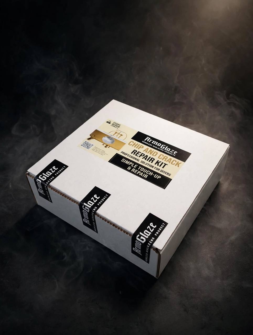 Armoglaze Chip & Crack Repair Kit white shipping box with Armoglaze tape and a Chip and Crack Repair Kit label on the lid