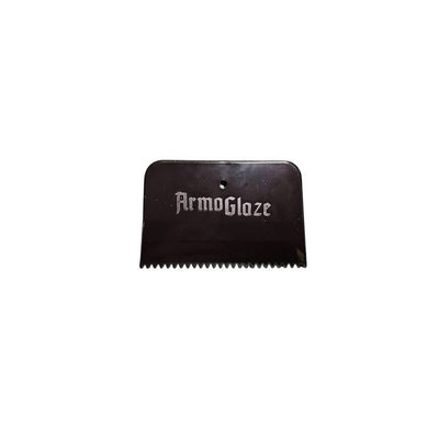 Armoglaze black notched spreader for gauging epoxy thickness on bathtub bottoms.