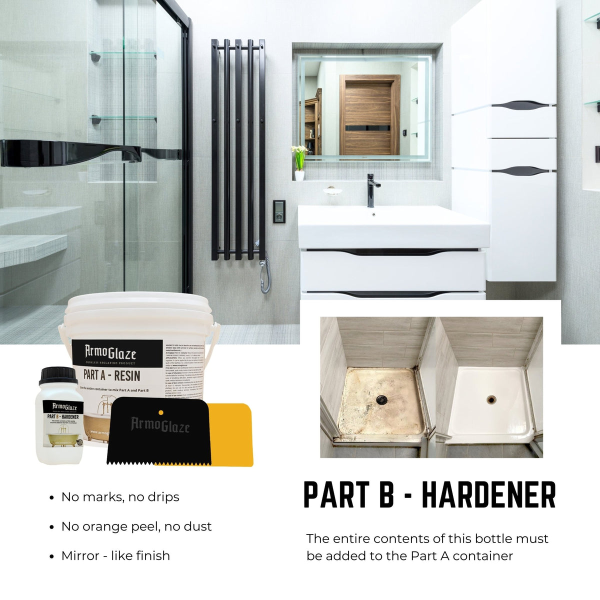 A collage displays the Armoglaze refinishing kit and its results.