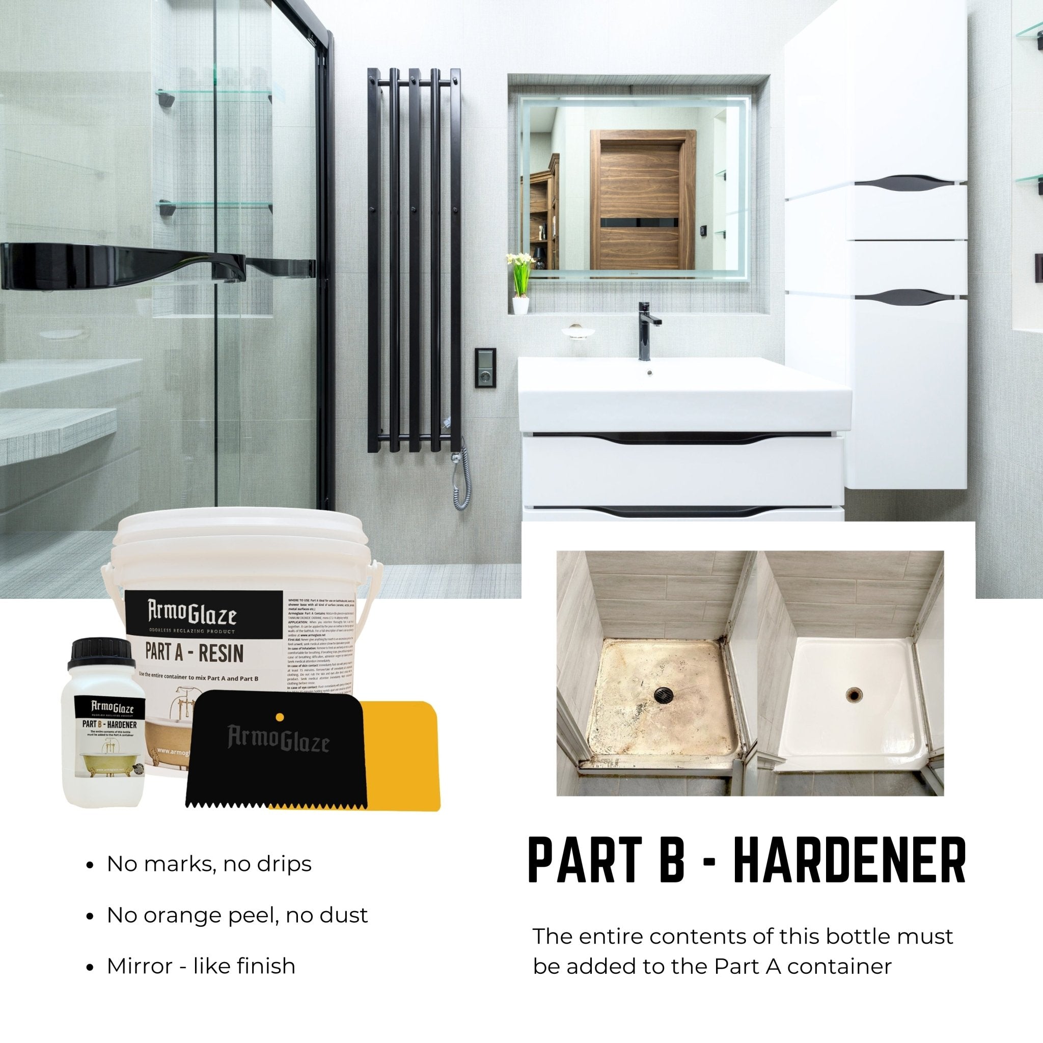 A collage displays the Armoglaze refinishing kit and its results. The background shows a modern bathroom, with a before-and-after photo of a refinished shower base in the foreground. The text emphasizes benefits like 'no drips' and 'mirror-like finish'.