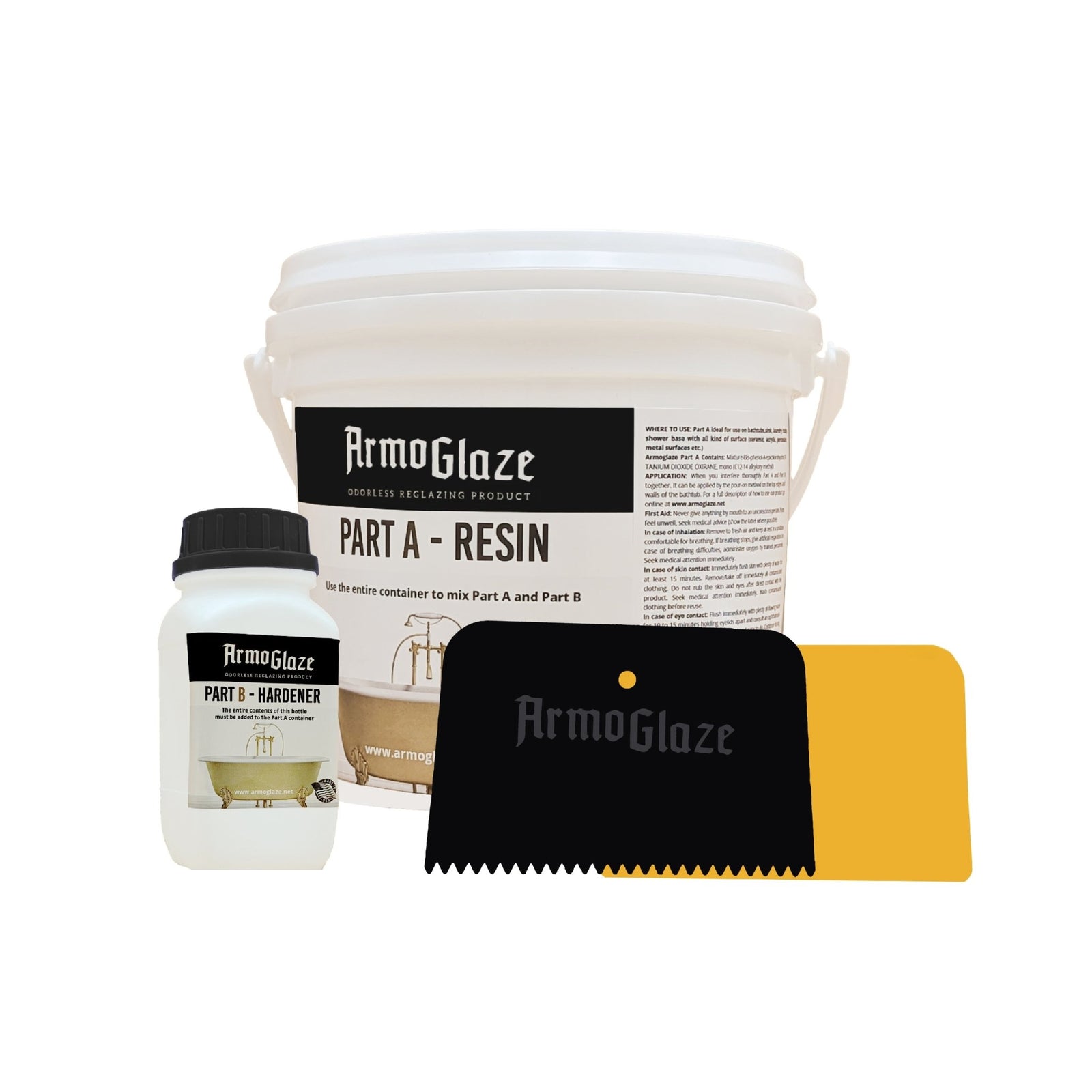 The Armoglaze shower base refinishing kit shows the resin, hardener, and application tools included