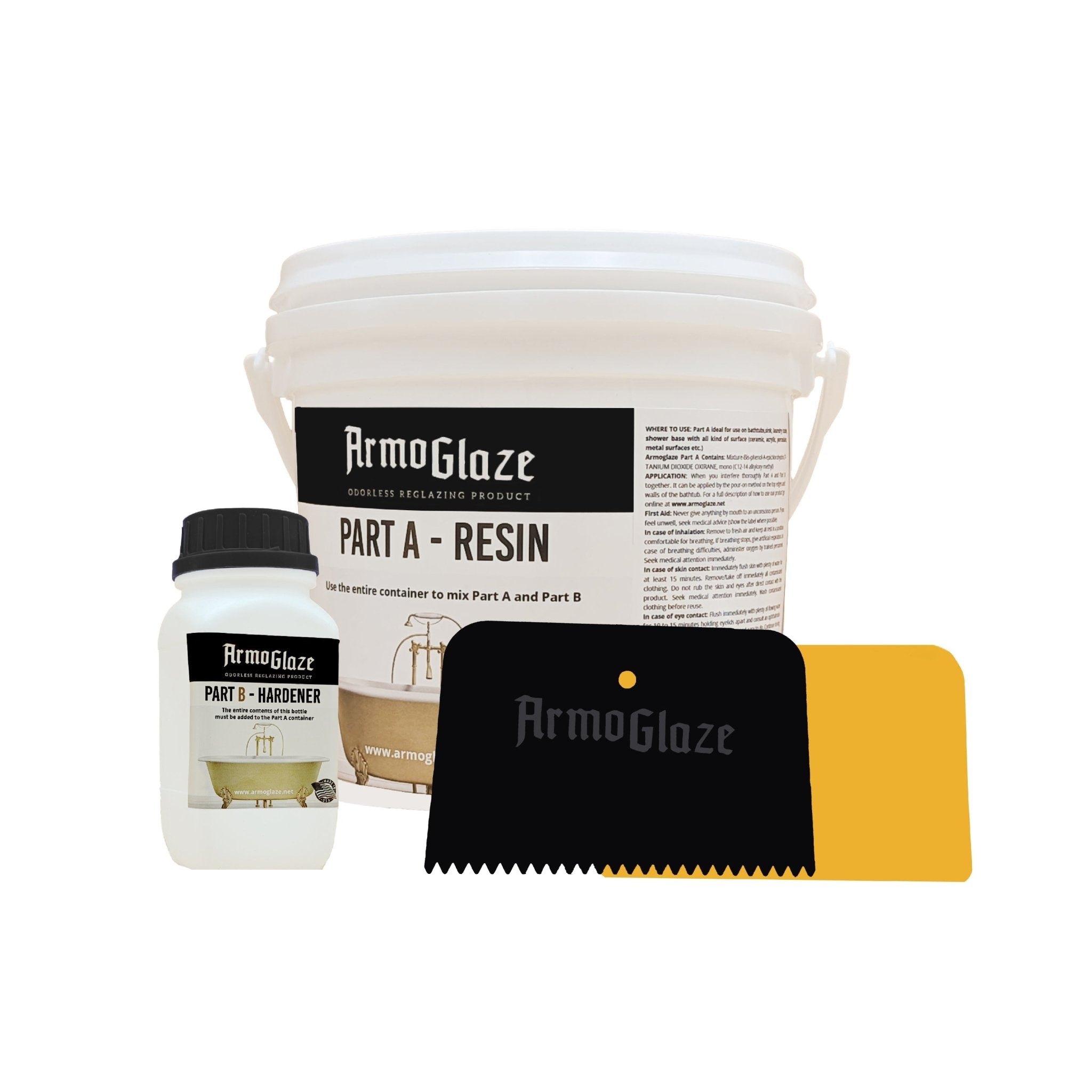 The Armoglaze shower base refinishing kit shows the resin, hardener, and application tools included for a complete DIY bathtub or shower project.