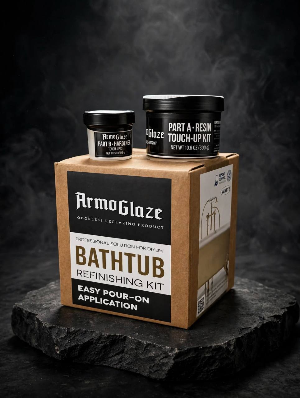 Armoglaze Touch-Up Kit: Part A resin 10.6 oz (300 g) and Part B hardener 1.6 oz (45 g) jars on top of an Armoglaze Bathtub Refinishing Kit box