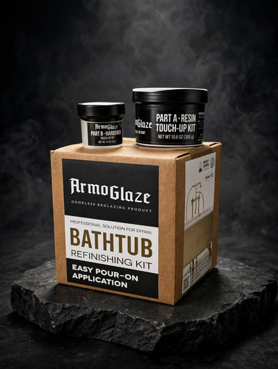 Armoglaze Touch-Up Kit: Part A resin 10.6 oz (300 g) and Part B hardener 1.6 oz (45 g) jars on top of an Armoglaze Bathtub Refinishing Kit box