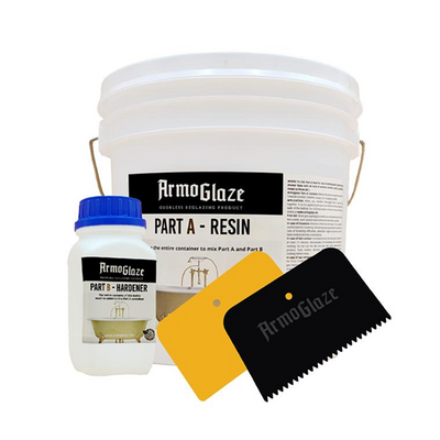 Armoglaze bathtub refinishing kit showing the main part a bucket, pat b in the small can , and two spreaders. 