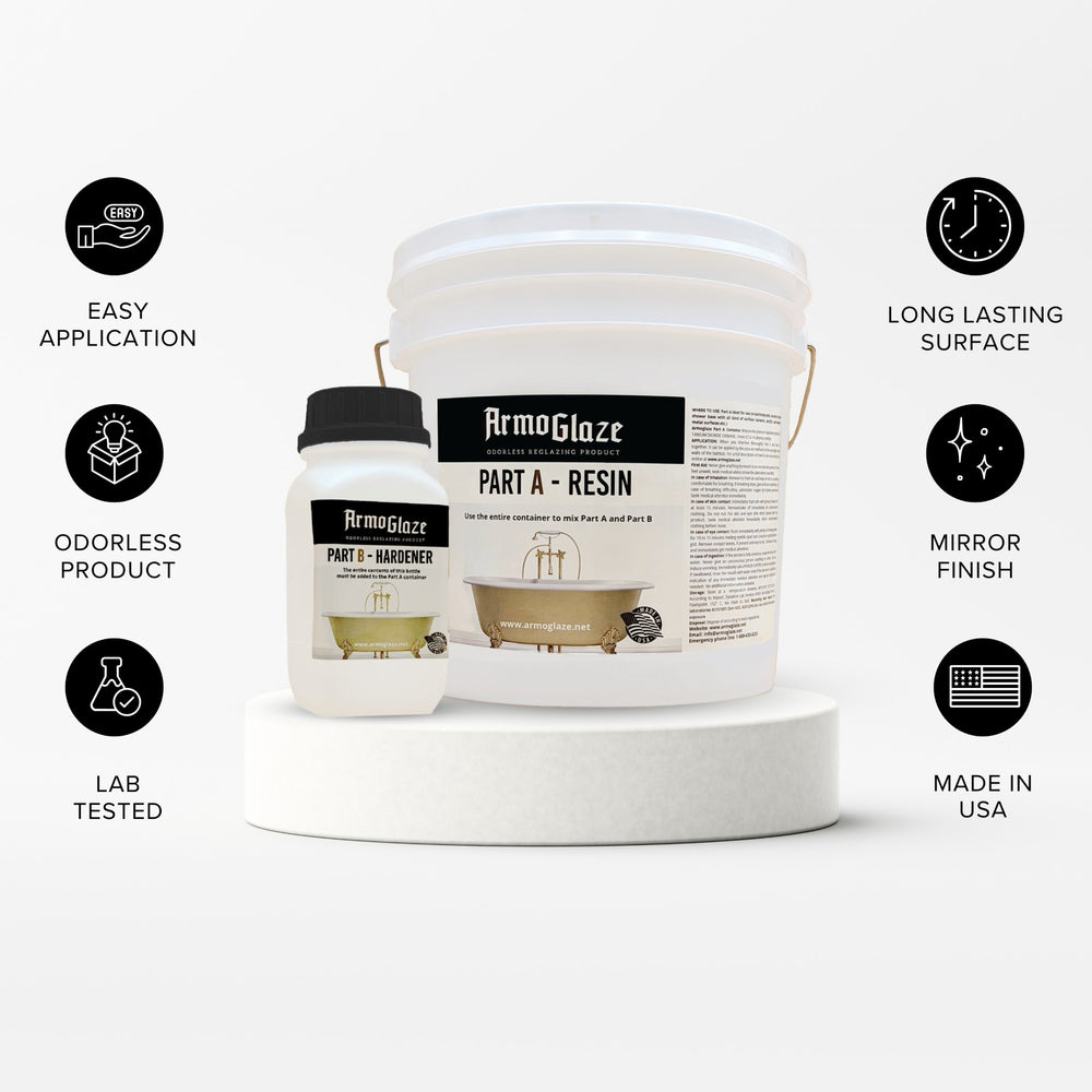 The key features of the Armoglaze bathtub refinishing kit are shown with icons, including Easy Application, Odorless Product, Lab-Tested, Long-Lasting Surface, Mirror Finish, and Made in the USA