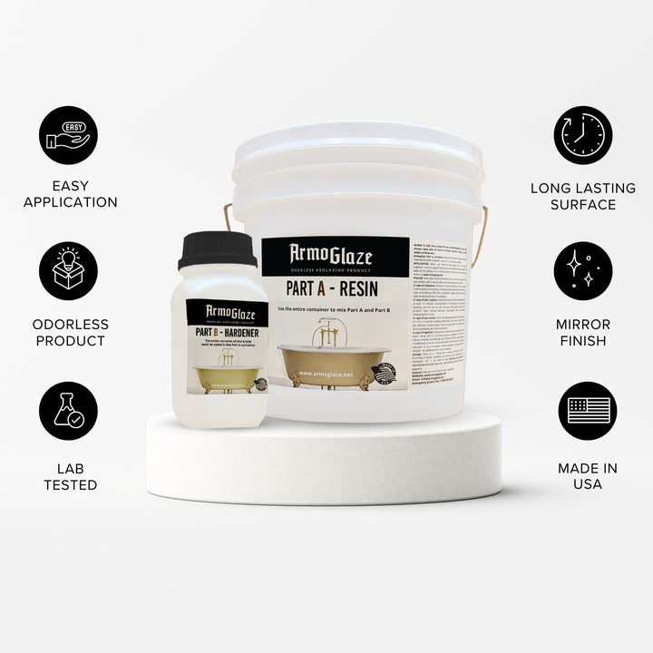 The key features of the Armoglaze bathtub refinishing kit are shown with icons, including Easy Application, Odorless Product, Lab-Tested, Long-Lasting Surface, Mirror Finish, and Made in the USA