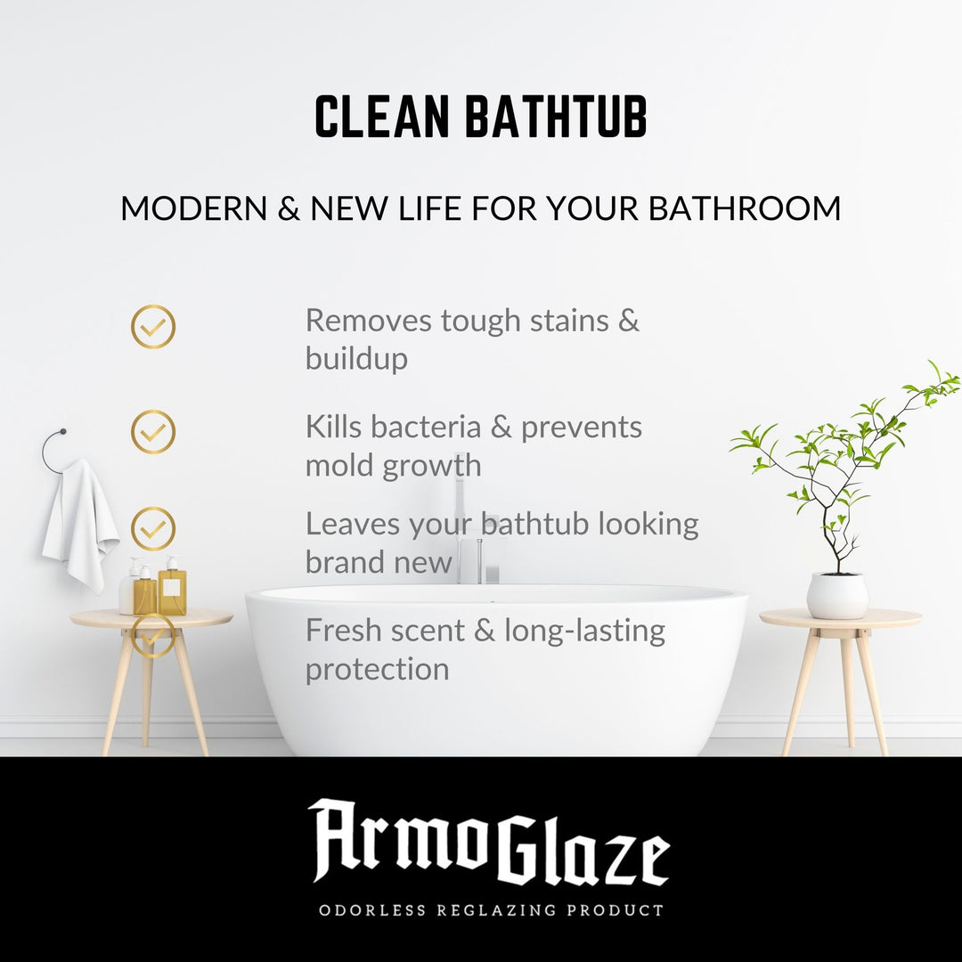 Advertisement for ArmoGlaze odorless reglazing product with a clean bathtub and bathroom setup.