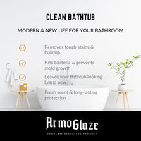 Advertisement for ArmoGlaze odorless reglazing product with a clean bathtub and bathroom setup.