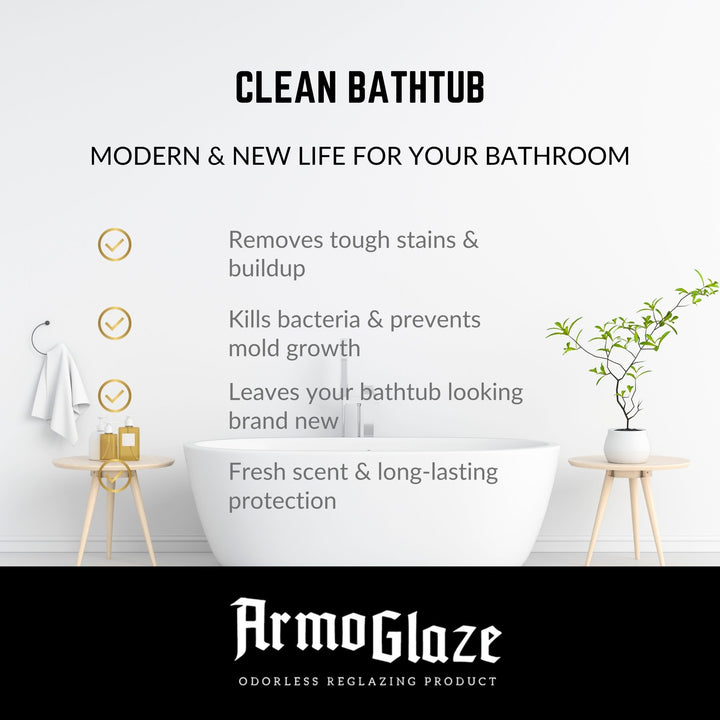 Advertisement for ArmoGlaze odorless reglazing product with a clean bathtub and bathroom setup.