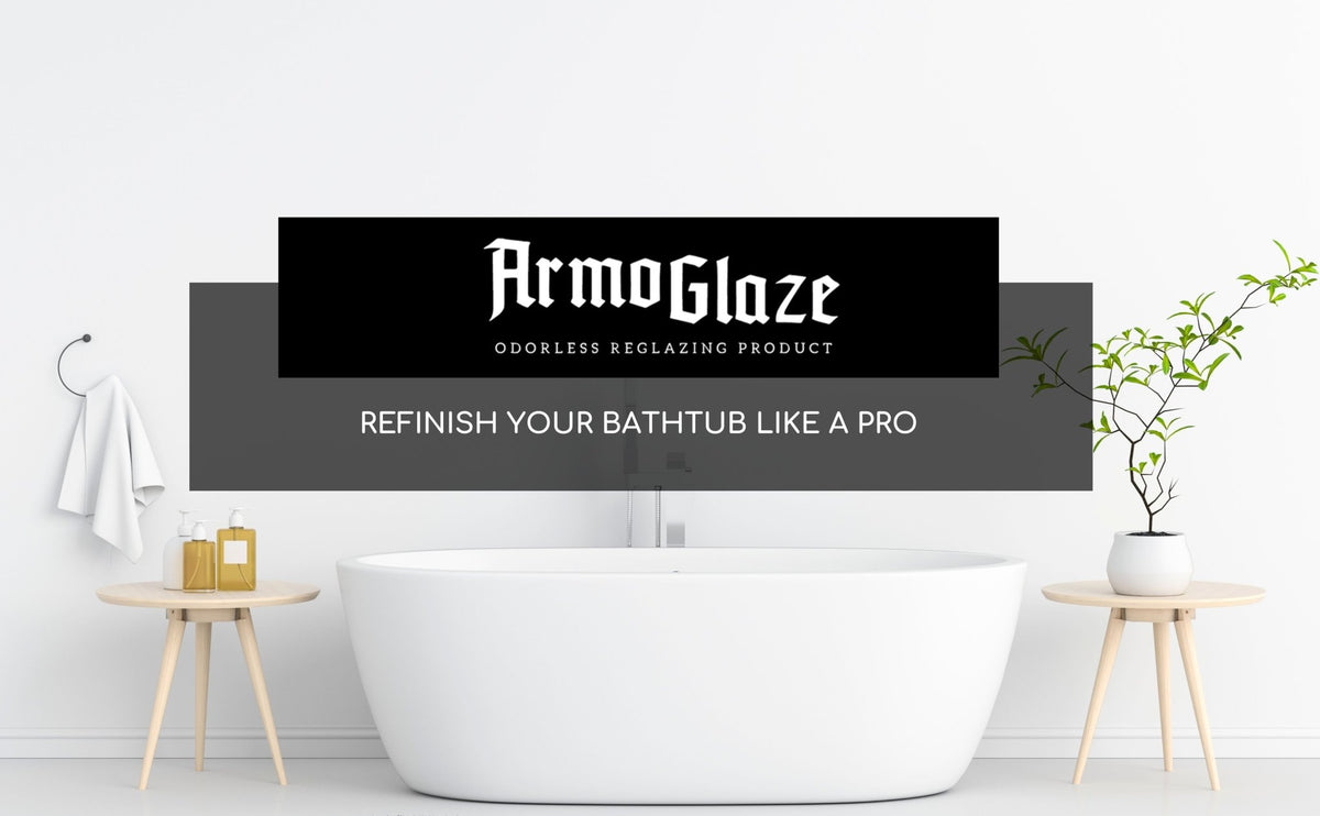 White bathtub in a bathroom setting with ArmoGlaze branding.