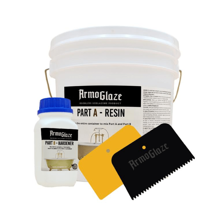 Armoglaze odorless DIY kit contents for refinishing the interior of a clawfoot bathtub.