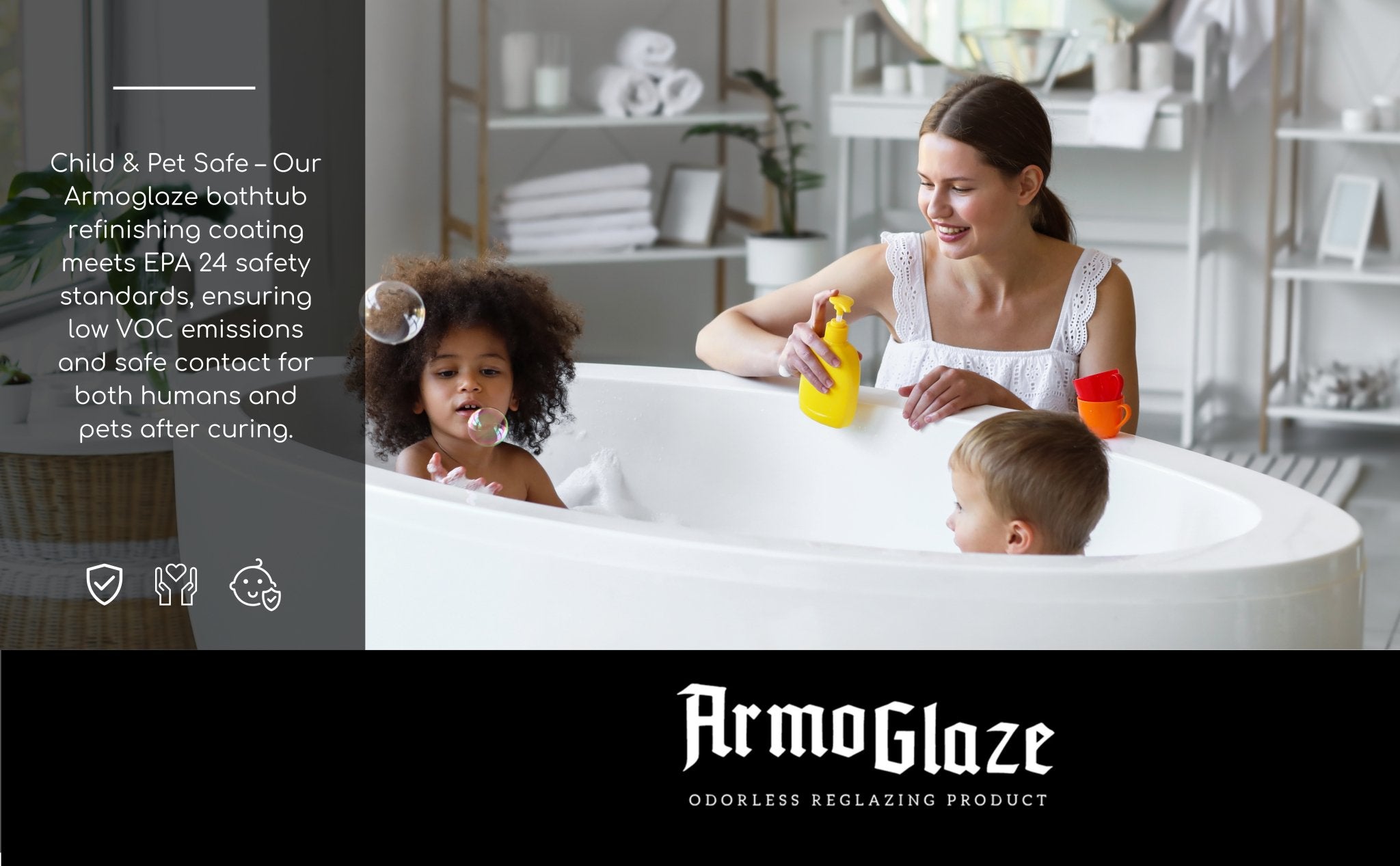 Video showing the unboxing of a DIY shower base refinishing kit, revealing a container of epoxy-based paint, hardener, two spreaders, and other application tools, along with the pour-on application process.